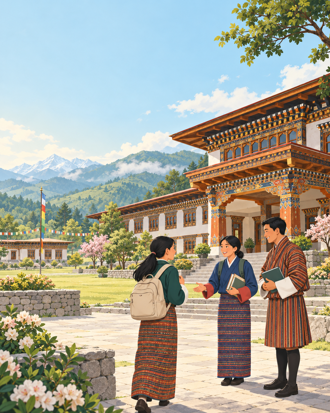 Students walking to a Bhutanese school among green hills